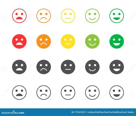 Set of Feedback Rating of Red, Orange, Yellow and Green Emoticons, Vector Smile Emoji in ...