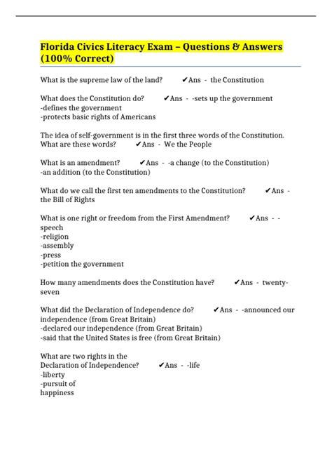 Florida Civics Literacy Exam – Questions & Answers (100% Correct ...
