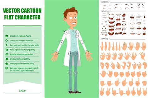Cartoon plat grappige dokter man karakter in wit uniform met badge ...