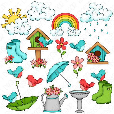 April Showers Clipart Set - Hand Drawn Digital Clipart - Rain, Rainbow ...
