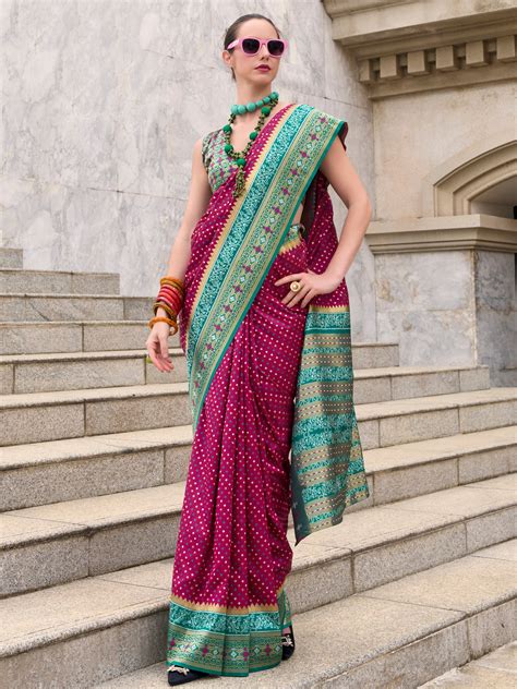 Shop Rani Pink Weaving Banarasi Silk Saree Online At Zeel Clothing
