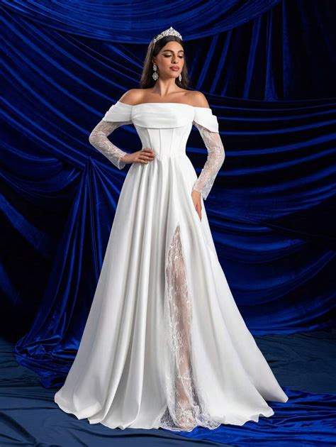 SHEIN Belle Elegant And Luxurious Off-Shoulder, Scooped Neckline, Lace ...