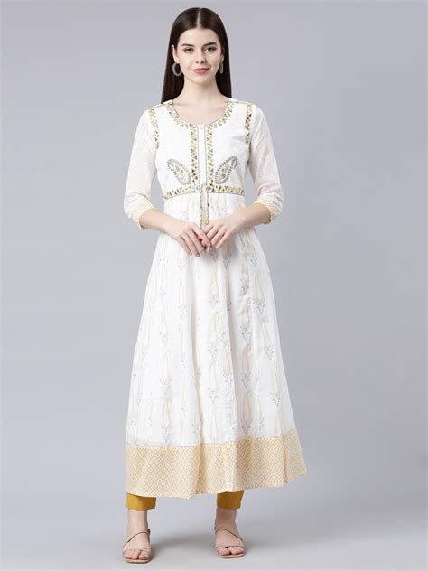 Neerus White Straight Casual Ethnic Motifs Maxi Dresses – Neerus India