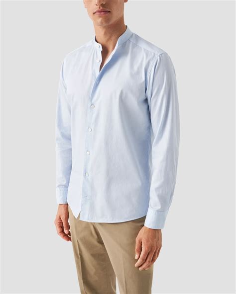 Light blue Solid Twill Band Collar Shirt - Eton