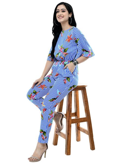 Get Striped & Floral Printed Blue Scrunch Waist Jumpsuit at ₹ 699 | LBB ...