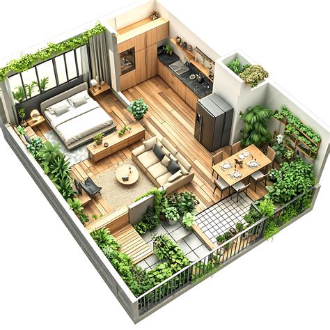3D Apartment Floor Plan with Wooden Flooring and Greenery | Premium AI ...