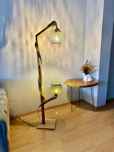 Rustic Wooden Floor Lamp, Handmade Tree Lamp, Boho Corner Light, Pine ...