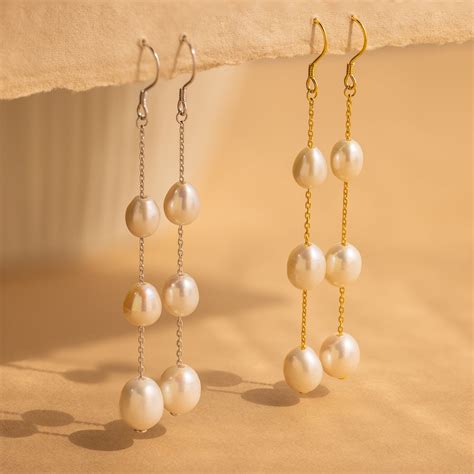 Long Dangling Pearl Chain Drop Earrings | Caitlyn Minimalist
