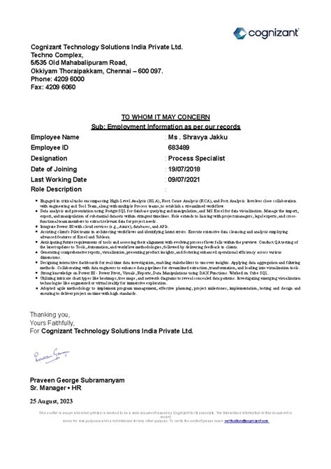 Cognizant Technology Solutions Employment Role Letter for Ms. Shravya ...
