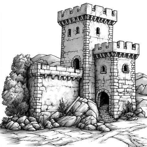 Front view building for a fantasy map black and white with white ...