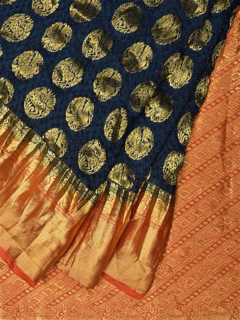 Navy Blue Bandhani Kanchipuram Silk Handloom Saree with Shikari and Pe ...