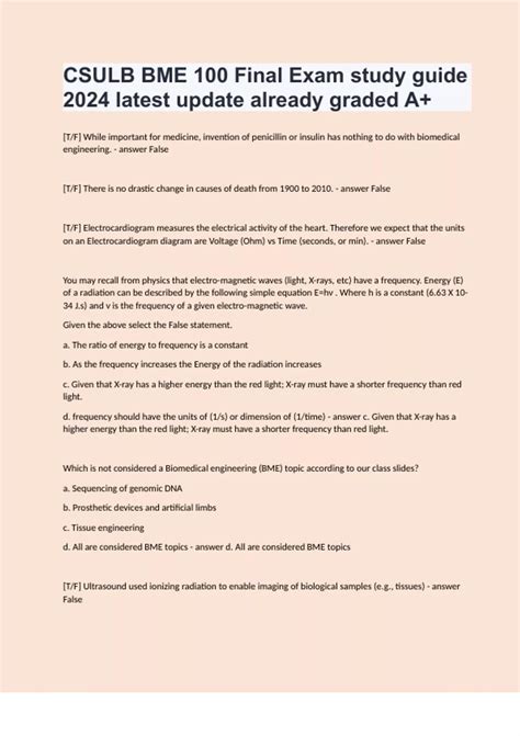 CSULB BME 100 Final Exam study guide 2024 latest update already graded ...