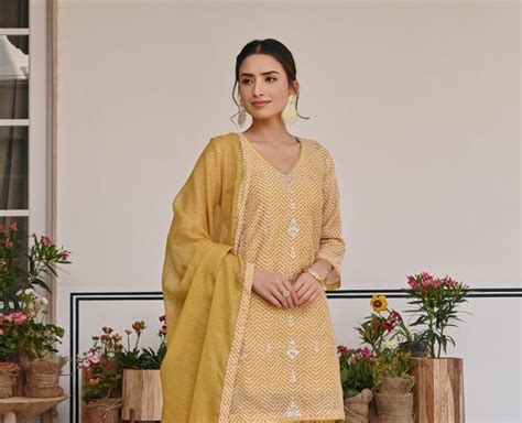 Mustard Yellow Printed Chanderi Gota Patti Sharara Suit- Set of 3