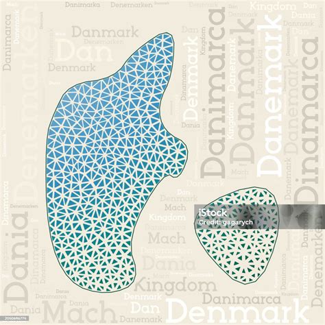 Denmark Map Design Country Names In Different Languages And Map Shape ...