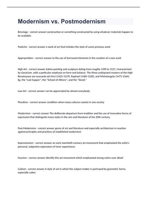 Modernism vs. Postmodernism questions & answers graded A+ 2023/2024 ...