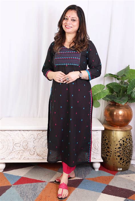 Black kurta pant set with angrakha yoke & kantha work – Nakshshopindia