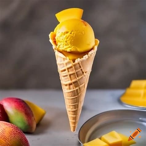 Mango ice cream in waffle cone with fresh mango cubes on Craiyon