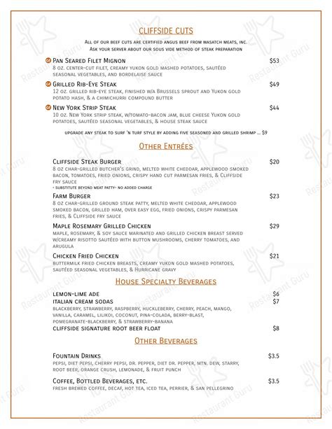 Menu at Cliffside Restaurant, St. George