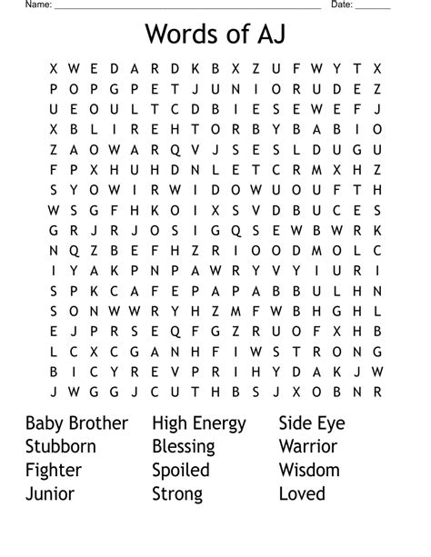 Words of AJ Word Search - WordMint