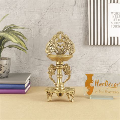 Ethnic Twin Peacock Design 9 Inches Brass Oil Diya with Base (Golden ...