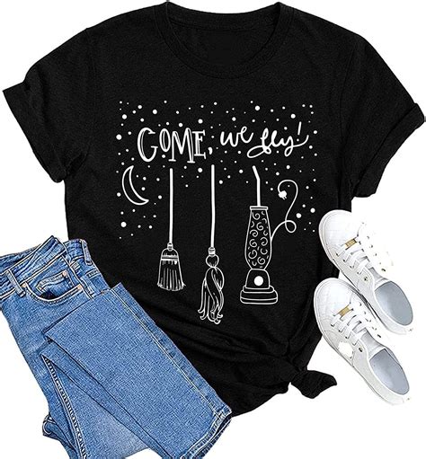 ZOCAVIA Womens Halloween Shirt Hocus Pocus Shirts Witch Broom Graphic ...
