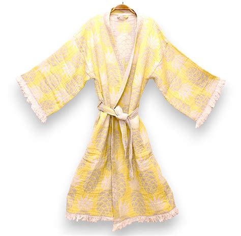 Pineapple Design Three Layers Muslin Turkish Towel Kimono Robe – Dervis Natural Textile