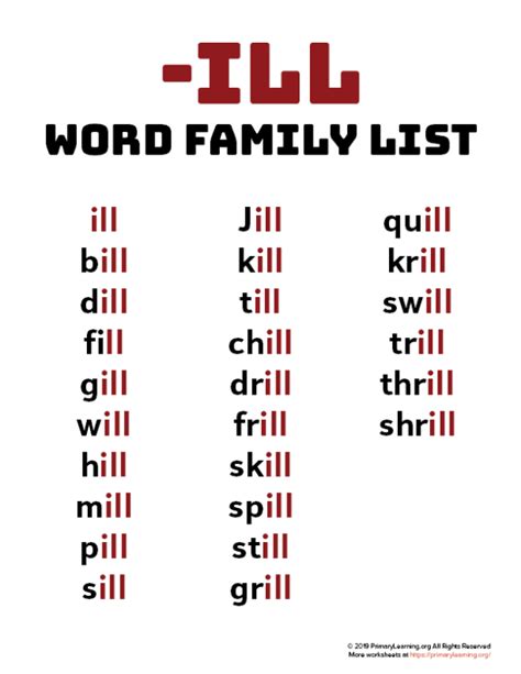 ILL Word Family List | Word family worksheets, Word families, Phonics words