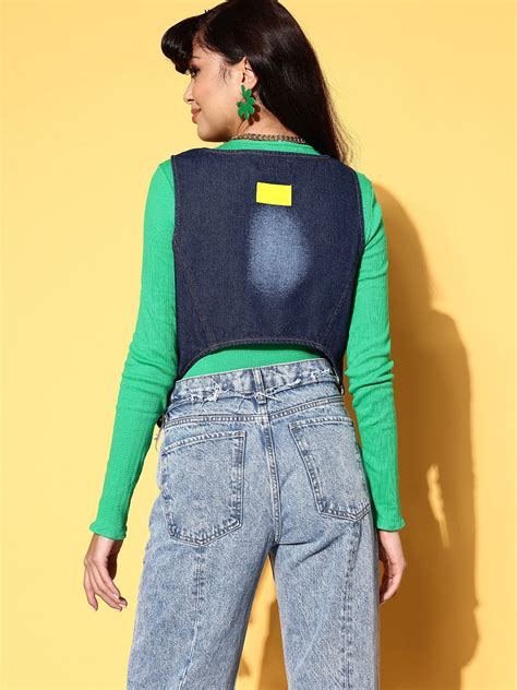 Buy Women Navy Washed Denim Waistcoat Online at Sassafras