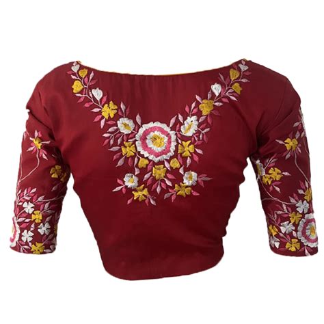 Embroidered Cotton Silk V neck Blouse with Lining, Maroon, BW1143 ...