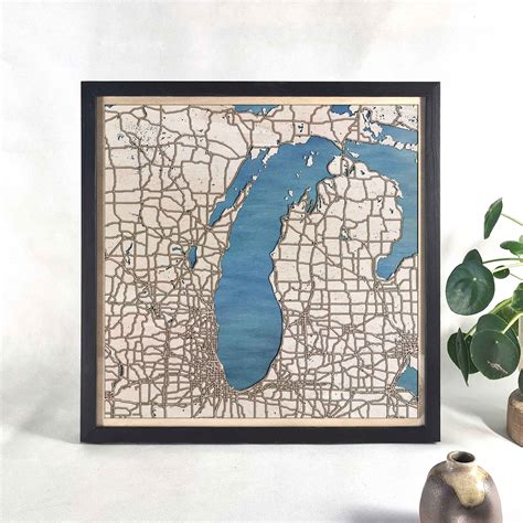 Nautical wooden map of Lake Michigan - 3D topographic, bathymetric ...