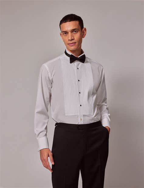 Men's White Pleat Front Slim Evening Shirt With Wing Collar - Double Cuff