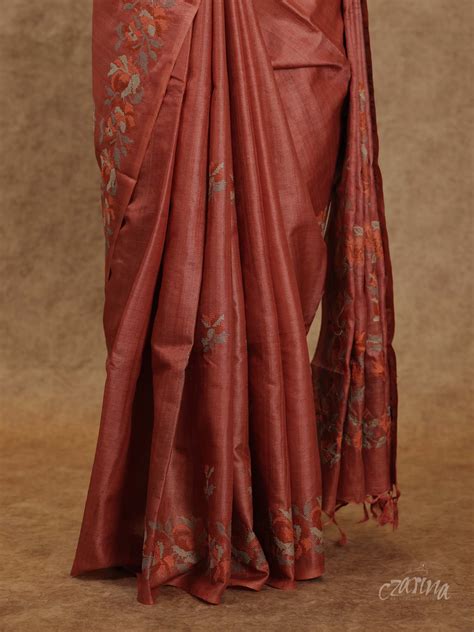 RUST COLOR WITH BEIGE AND CROSS STITCH DESIGN EMBROIDERY TUSSAR SILK S ...