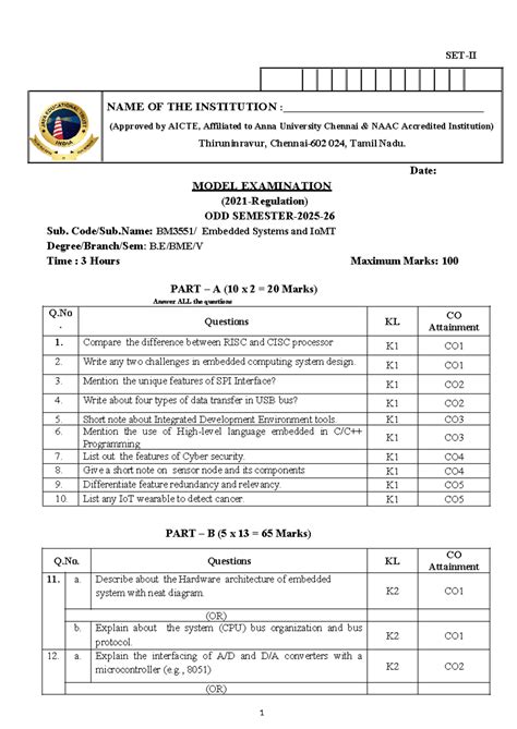 Eiomt 024 Model Exam: Embedded Systems & IoMT - Set 2 QP - Studocu