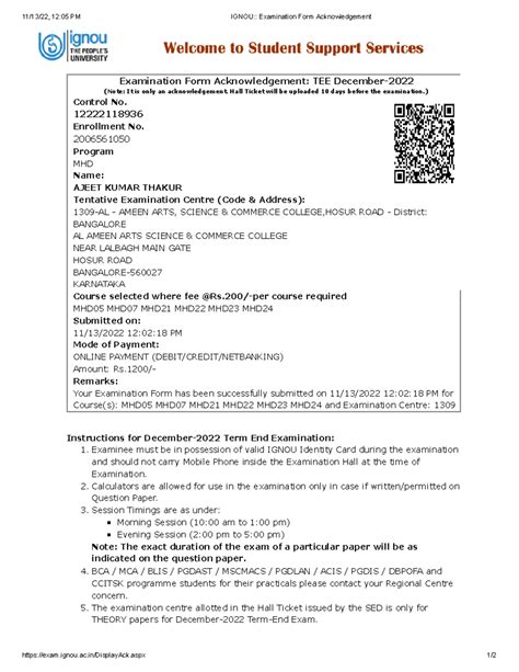 Ignou Examination Form Acknowledgement - 11/13/22, 12:05 PM IGNOU ...