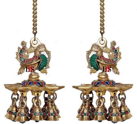 Buy B.B.S BRASS BRAND STATUES Diya Brass Peacock Hanging Set of 2 with ...