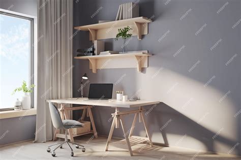 Premium Photo | Eco style workspace for remote work with wooden shelves ...