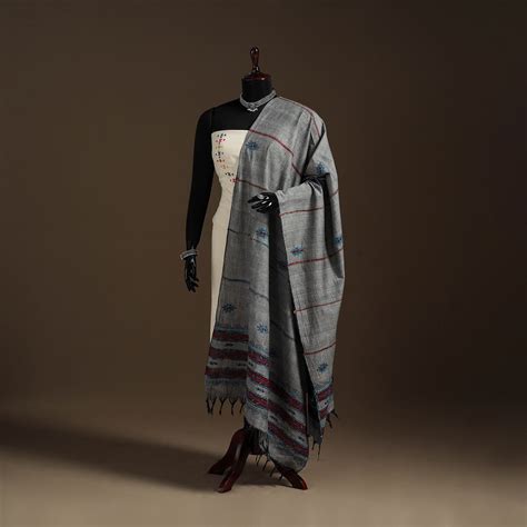 Grey Hand Embroidery Khes Handwoven Cotton Kantha Dupatta