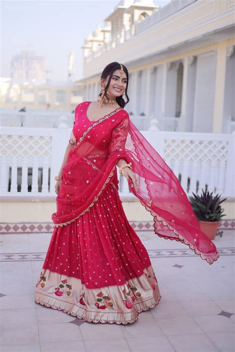 Charumati Pink Dola Silk Weaving Sequins Embroidered Half-Saree Leheng ...