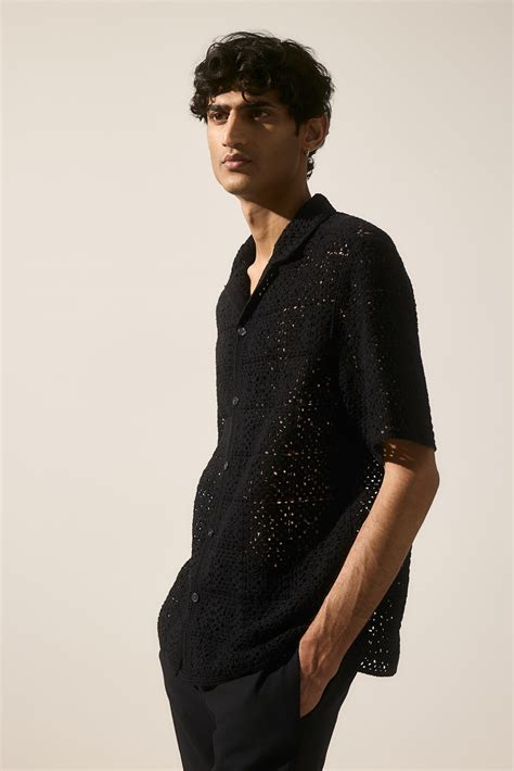 Regular Fit Crochet-look resort shirt - Black - Men | H&M IN