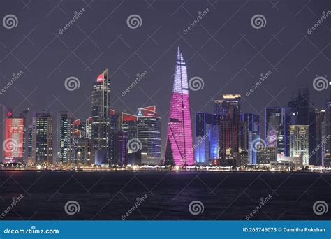 Doha Skyline Night Scene - the Capital City of Qatar Editorial Stock Photo - Image of light ...