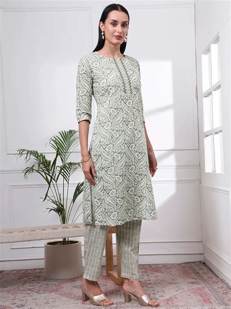 Green Pure Cotton Ethnic Motifs Straight Kurta Trouser Dupatta Set ...