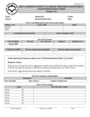 Reclassified Student Academic Progress Monitoring Form - Blank Fillable ...