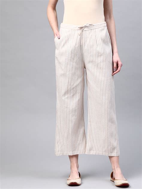 Women Faun & White Handloom Cotton Striped Wide Leg Sustainable Palazz