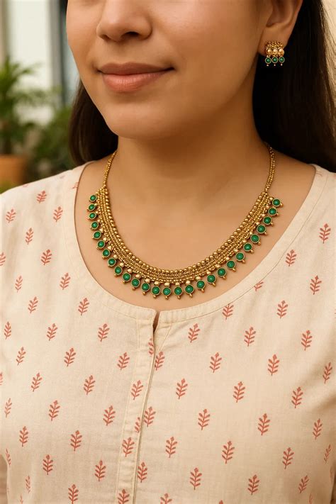 Gold Plated Green Stone Traditional Necklace Set for Women | Ethnic Je ...