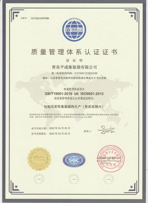 ISO证书（中文）批发,ISO证书（中文）供应,ISO证书（中文）厂家详细介绍_青岛平成集装袋有限公司