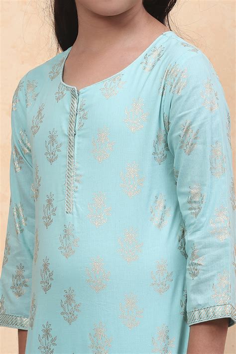 Buy Turquoise Cotton Straight Printed Kurta Patiala Salwar Suit Set ...