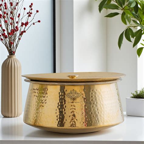 Indian Art Villa Hammered Brass Patila with Lid and Tin lining