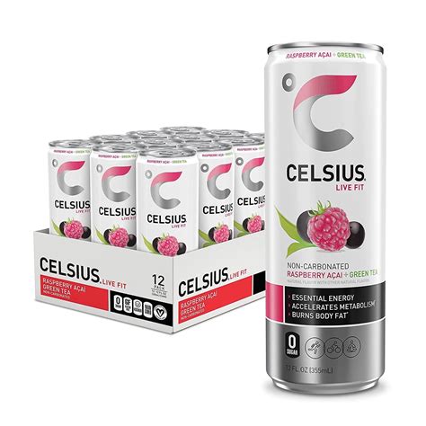 CELSIUS Energy Drink, Raspberry Acai Green Tea, 12 fl oz, Pack of 12 ...