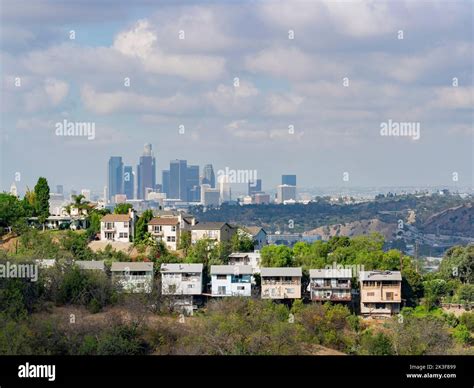 Sunnt view of the Los Angeles downtown skyline from Ernest E. Debs ...