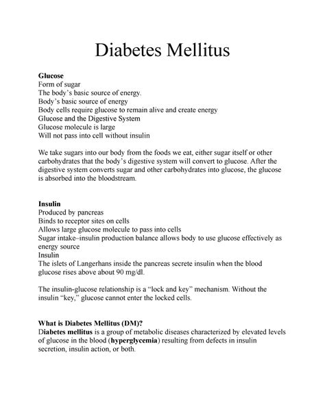 Diabetes Mellitus -nursing notes - Diabetes Mellitus GlucoseGlucose ...